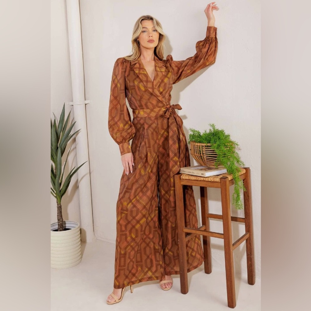 NWT Boutique Elara Brown Wide-Leg Surplice Jumpsuit